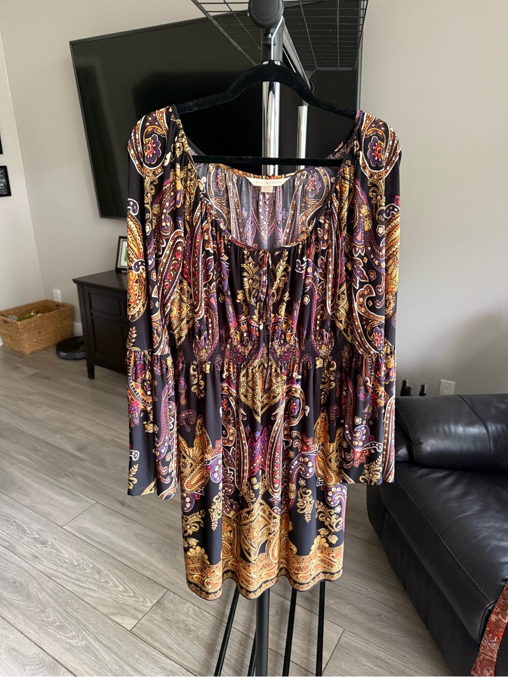 Boston Proper Paisley Long-Sleeve Mini Dress in Black, Gold, Purple